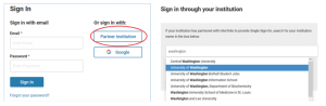 The image shows a side-by-side view of an online login interface. On the left, a “Sign In” page displays fields labeled “Email” and “Password,” a blue “Sign In” button, and a “Forgot your password?” link. To the right of the email sign-in fields is a section labeled “Or sign in with,” featuring buttons for “Partner Institution” and “Google,” with the “Partner Institution” option circled in red for emphasis. On the right side of the image, a second screen titled “Sign in through your institution” shows a search box with the word “washington” typed into it and a dropdown list of institutions, including “Central Washington University” and “University of Washington,” with “University of Washington” highlighted. The layout emphasizes the option to sign in using an affiliated institution rather than an email and password.