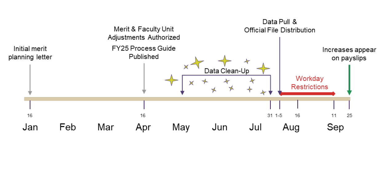 A horizontal timeline graphic labeled “Key FY25 Merit Cycle Milestones” spanning January through September. On the far left in January, an arrow labeled “Initial merit planning letter” points to the timeline. In April, another arrow marks “Merit & Faculty Unit Adjustments Authorized FY25 Process Guide Published.” From late May through July, a highlighted section labeled “Data Clean‑Up” appears above the timeline, illustrated with multiple star icons to emphasize activity. In late July and early August, markers indicate dates “31,” “1–5,” and “16,” corresponding to data milestones. In August, a red arrow labeled “Workday Restrictions” spans part of the timeline following the data pull. An arrow labeled “Data Pull & Official File Distribution” points down to mid‑August. On the far right in September, a green arrow labeled “Increases appear on payslips” aligns with late September. The timeline uses beige and blue lines with arrows and icons to show sequencing and key deadlines.