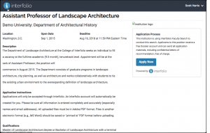 Screenshot of landing page in Interfolio job portal.