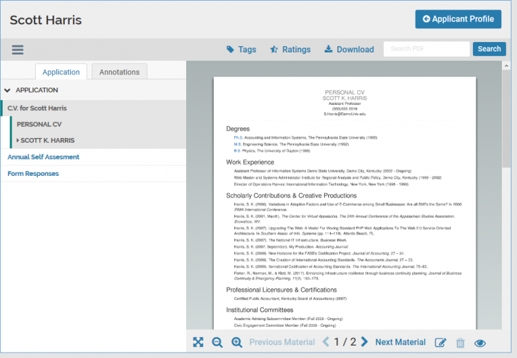 Applicant materials screenshot