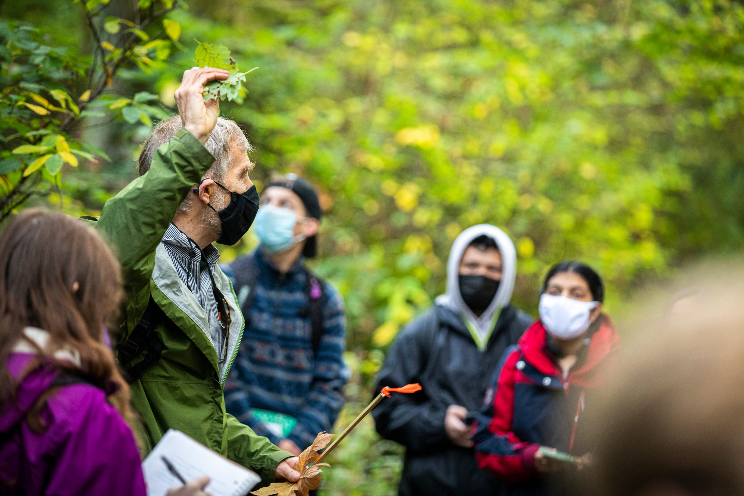 Professor talking to students in a forest